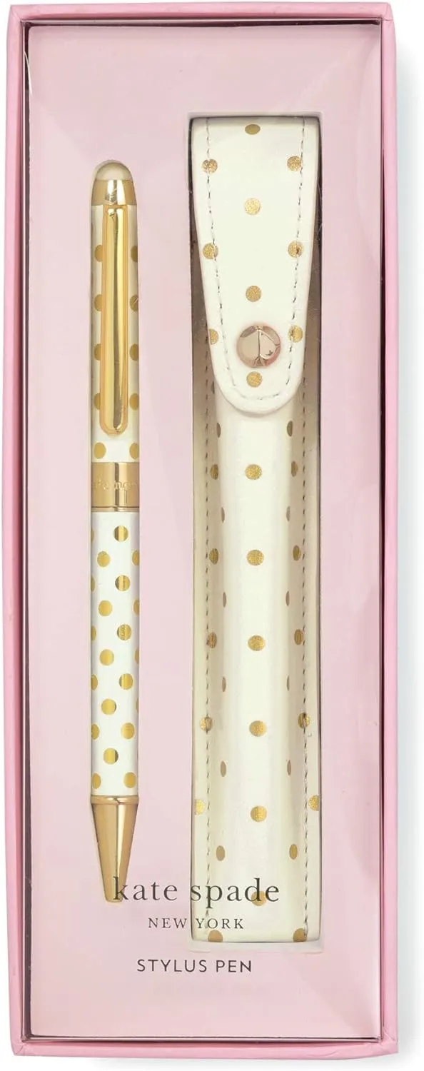 Kate Spade New York Black Ink Ballpoint Pen with Stylus Tip and Storage Pouch, Gold Dots