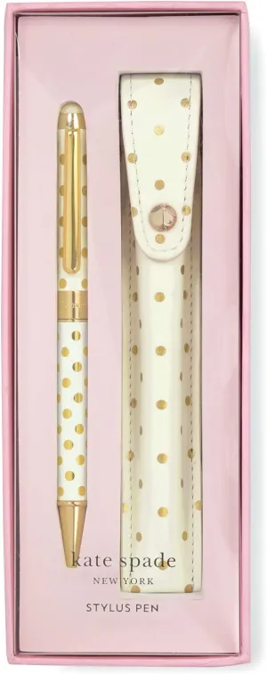 Kate Spade New York Black Ink Ballpoint Pen with Stylus Tip and Storage Pouch, Gold Dots