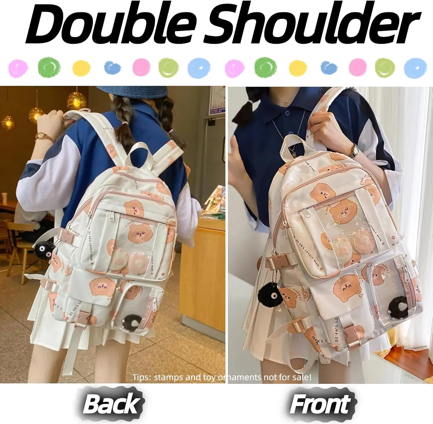 Kawaii Ita Backpack with Clear Display Bag Large Cute Cat Print Daypack for Travel Cosplay Conventions for Anime Lovers (Pink)