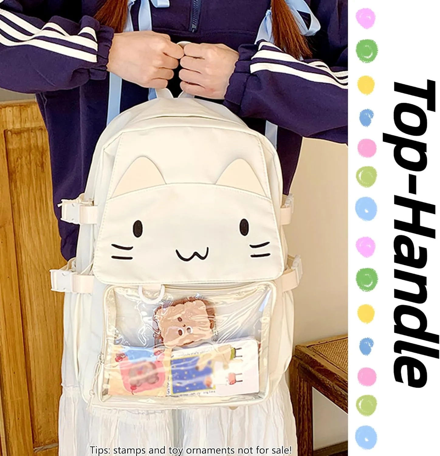 Kawaii Ita Bag with Anime Display Insert & Pin Japanese-Style Cat Emo Casual Daypack For Cosplay Travel Hiking and Daily Use (White)