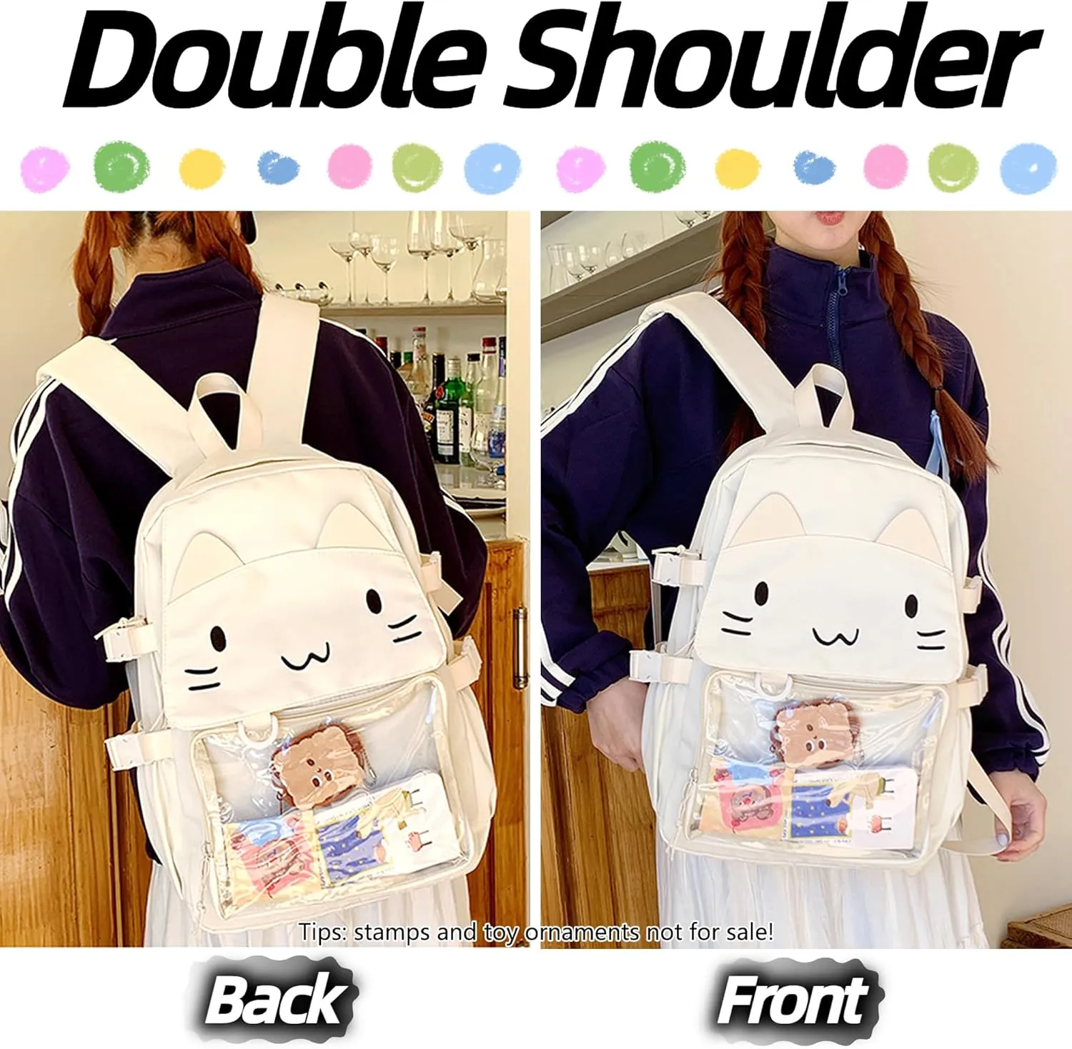 Kawaii Ita Bag with Anime Display Insert & Pin Japanese-Style Cat Emo Casual Daypack For Cosplay Travel Hiking and Daily Use (White)