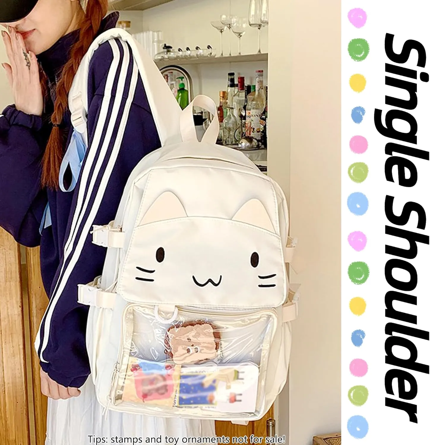 Kawaii Ita Bag with Anime Display Insert & Pin Japanese-Style Cat Emo Casual Daypack For Cosplay Travel Hiking and Daily Use (White)