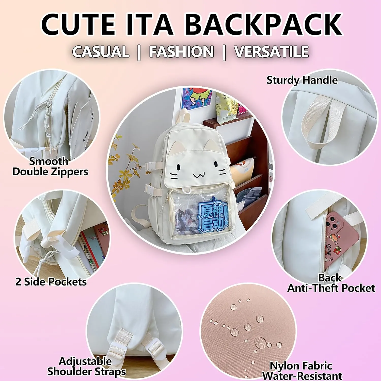 Kawaii Ita Bag with Anime Display Insert & Pin Japanese-Style Cat Emo Casual Daypack For Cosplay Travel Hiking and Daily Use (White)