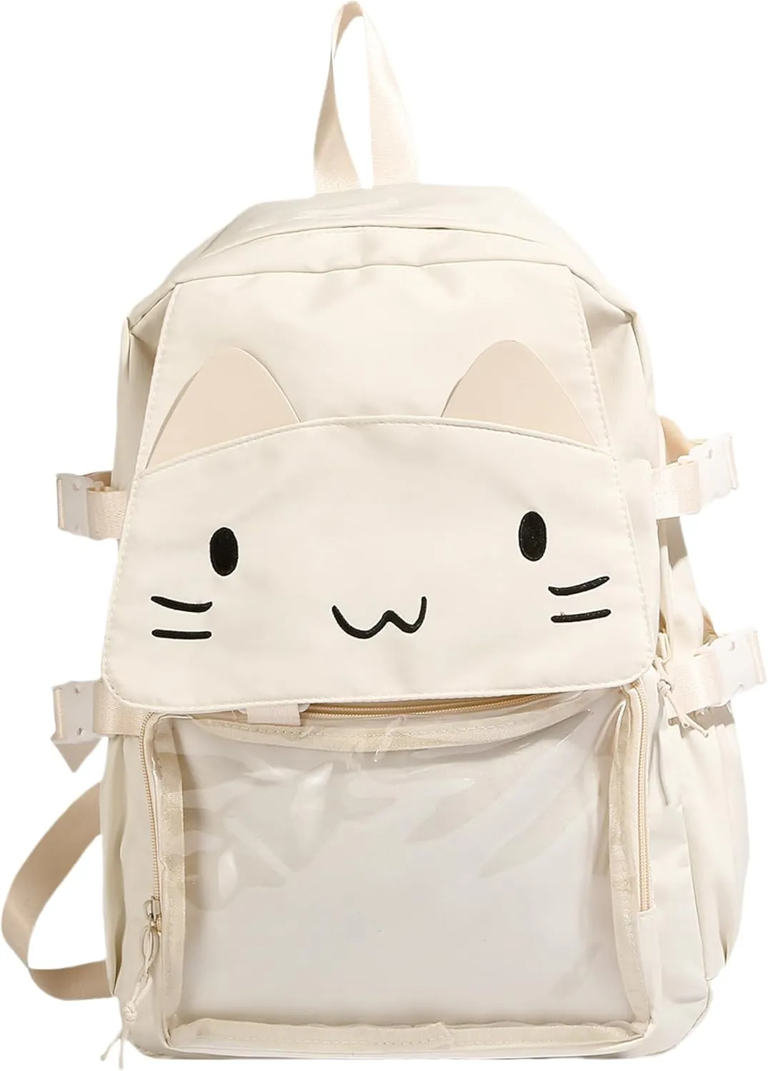 Kawaii Ita Bag with Anime Display Insert & Pin Japanese-Style Cat Emo Casual Daypack For Cosplay Travel Hiking and Daily Use (White)