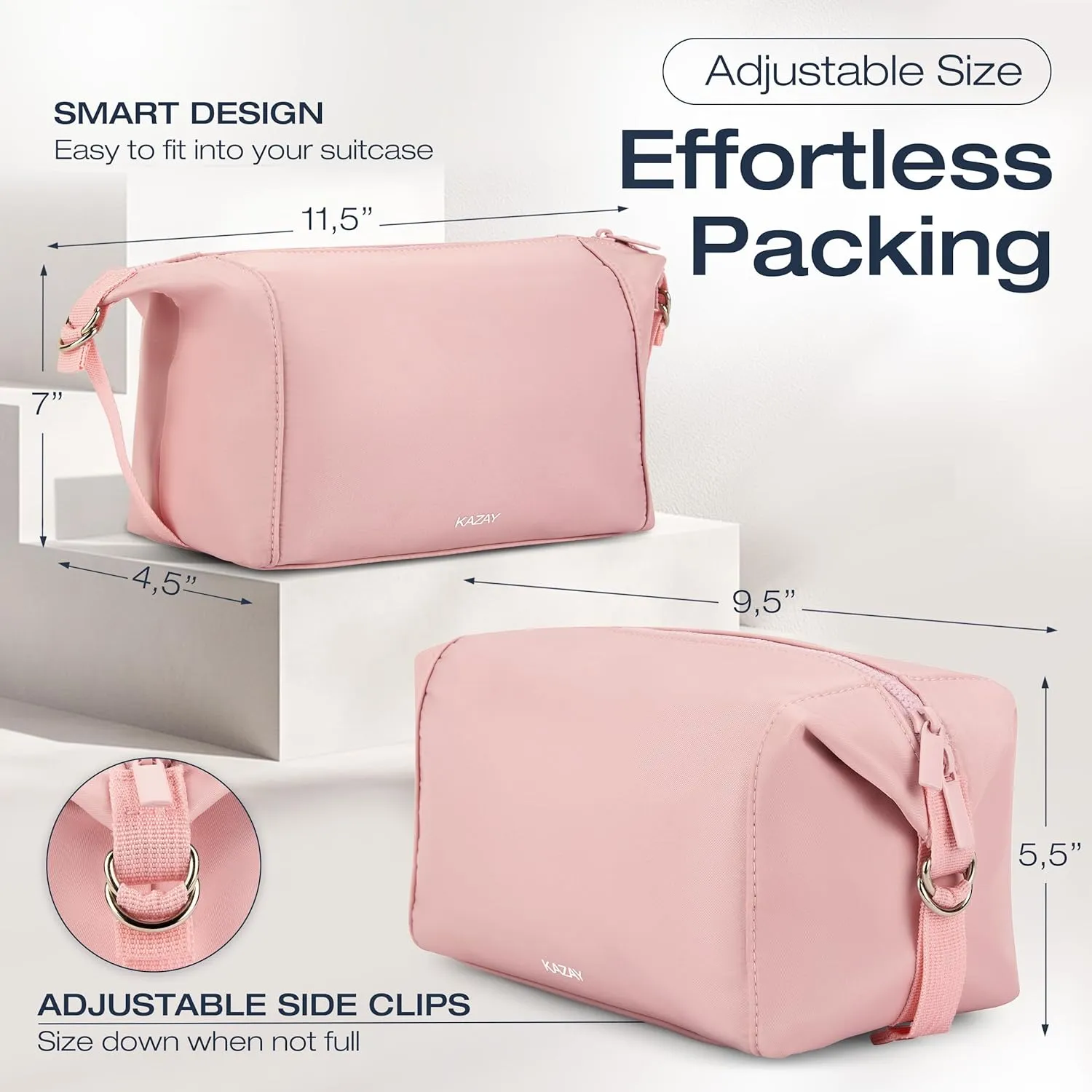 KAZAY Travel Toiletry Bag, Large Capacity with Side Clips for Adjustable Sizing, Premium High-Density Nylon, Water Resistant, Cosmetic Bag, Makeup Bag, Stylish, Full-Size Bottles, Unisex (Pink)