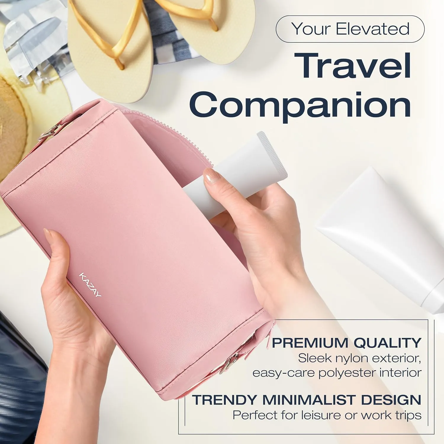 KAZAY Travel Toiletry Bag, Large Capacity with Side Clips for Adjustable Sizing, Premium High-Density Nylon, Water Resistant, Cosmetic Bag, Makeup Bag, Stylish, Full-Size Bottles, Unisex (Pink)