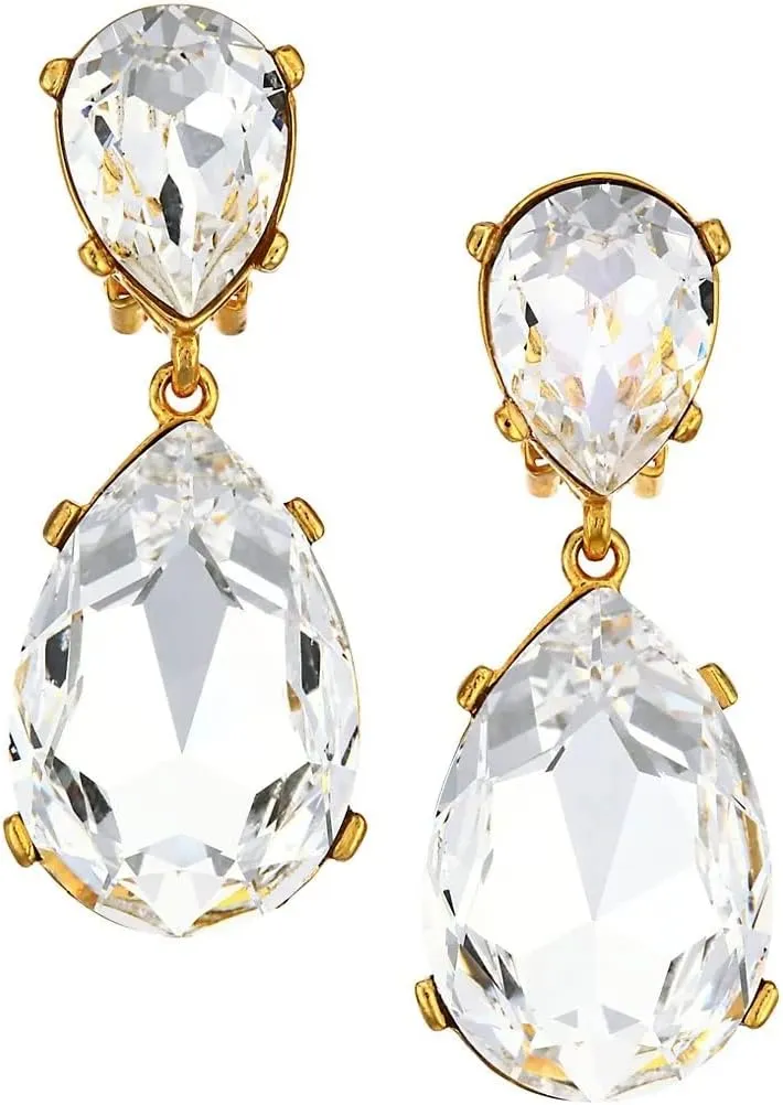 Kenneth Jay Lane Double Teardrop or Rectangle Crystal Drop Clip Earrings in Gold or Silver Settings