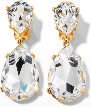 Kenneth Jay Lane Double Teardrop or Rectangle Crystal Drop Clip Earrings in Gold or Silver Settings