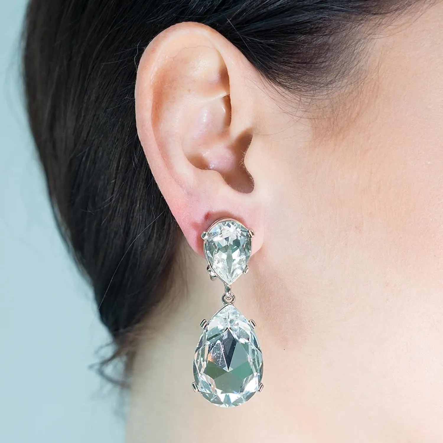 Kenneth Jay Lane Double Teardrop or Rectangle Crystal Drop Pierced or Post Earrings in Gold or Silver Settings