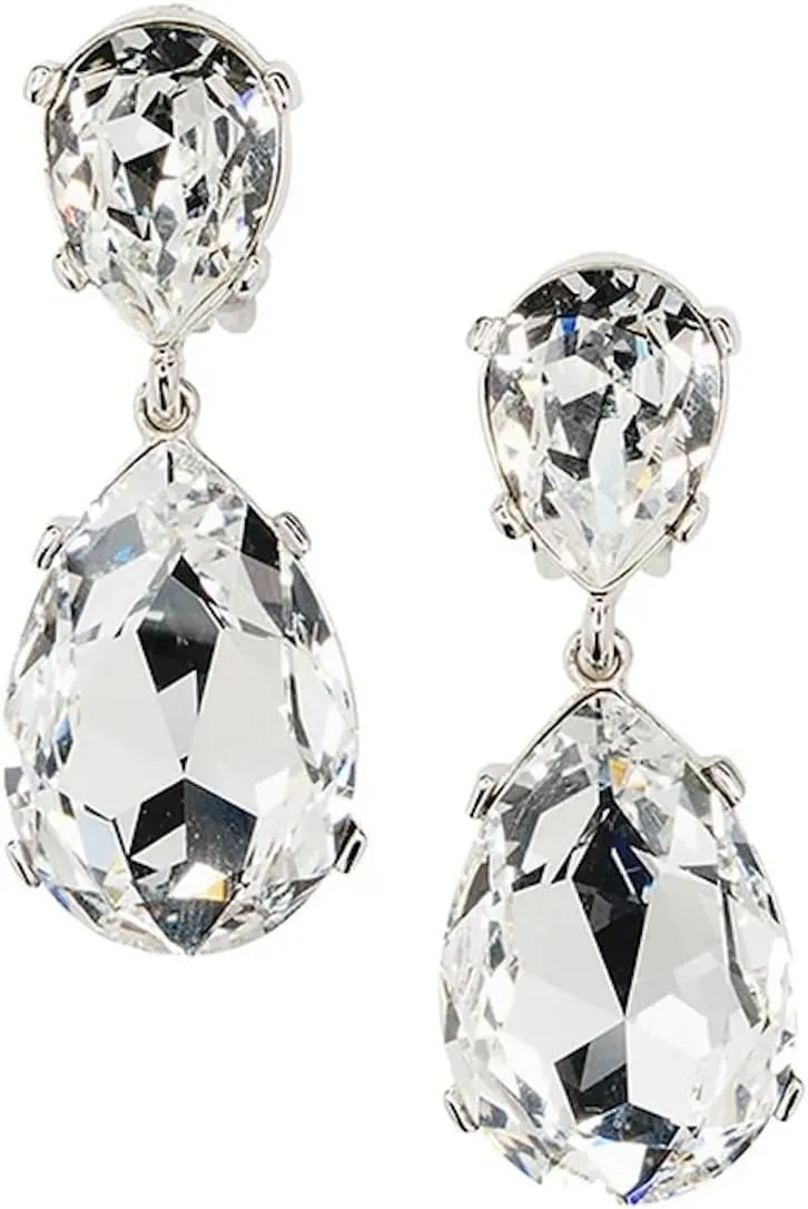 Kenneth Jay Lane Double Teardrop or Rectangle Crystal Drop Pierced or Post Earrings in Gold or Silver Settings
