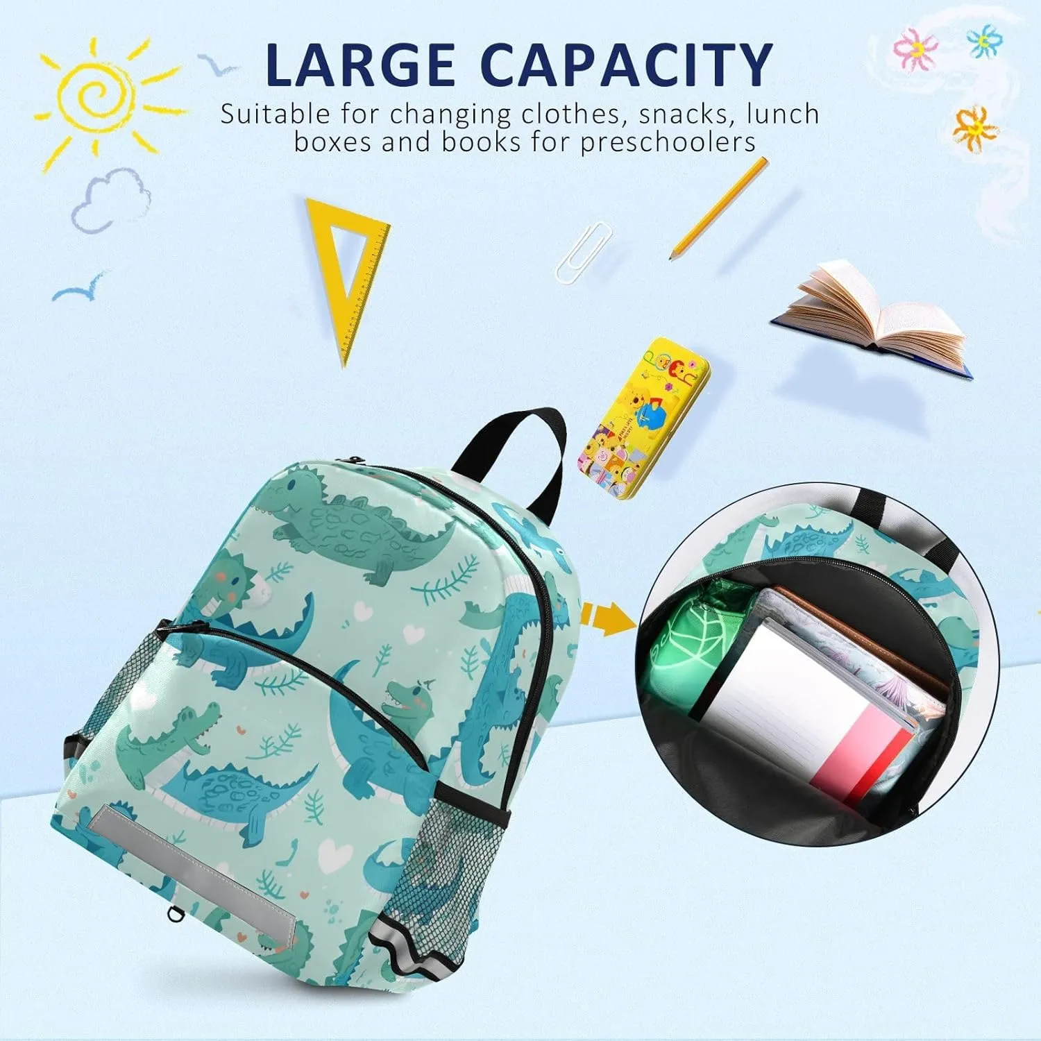 KLL Elementary Backpack for Girls, Cute Cartoon Crocodile Alligator, Multifunctional School Bag Mini Travel