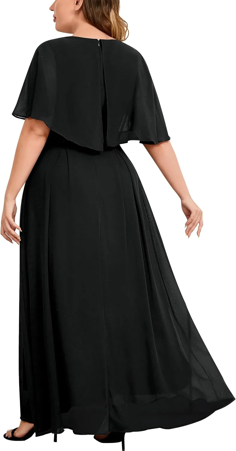 Knitee Women's Plus Size Half Sleeves Cape Dress Lace Chiffon V Neck Evening Party Maxi Dress