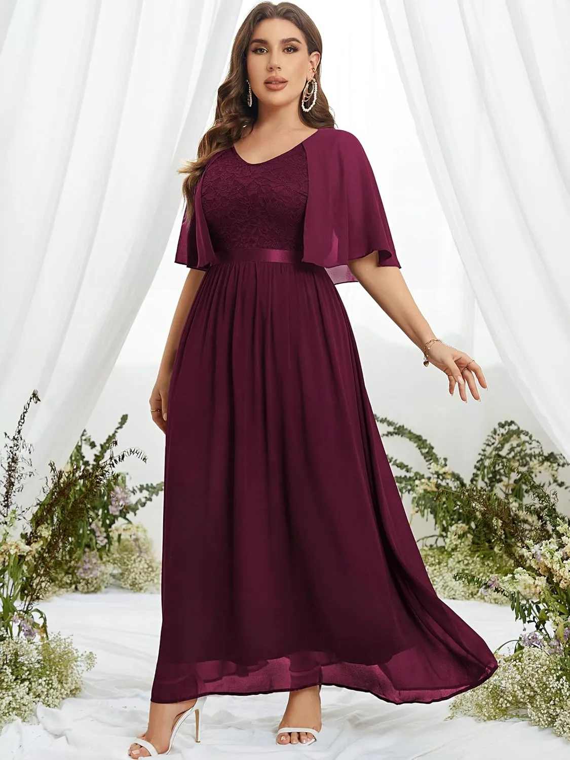 Knitee Women's Plus Size Half Sleeves Cape Dress Lace Chiffon V Neck Evening Party Maxi Dress