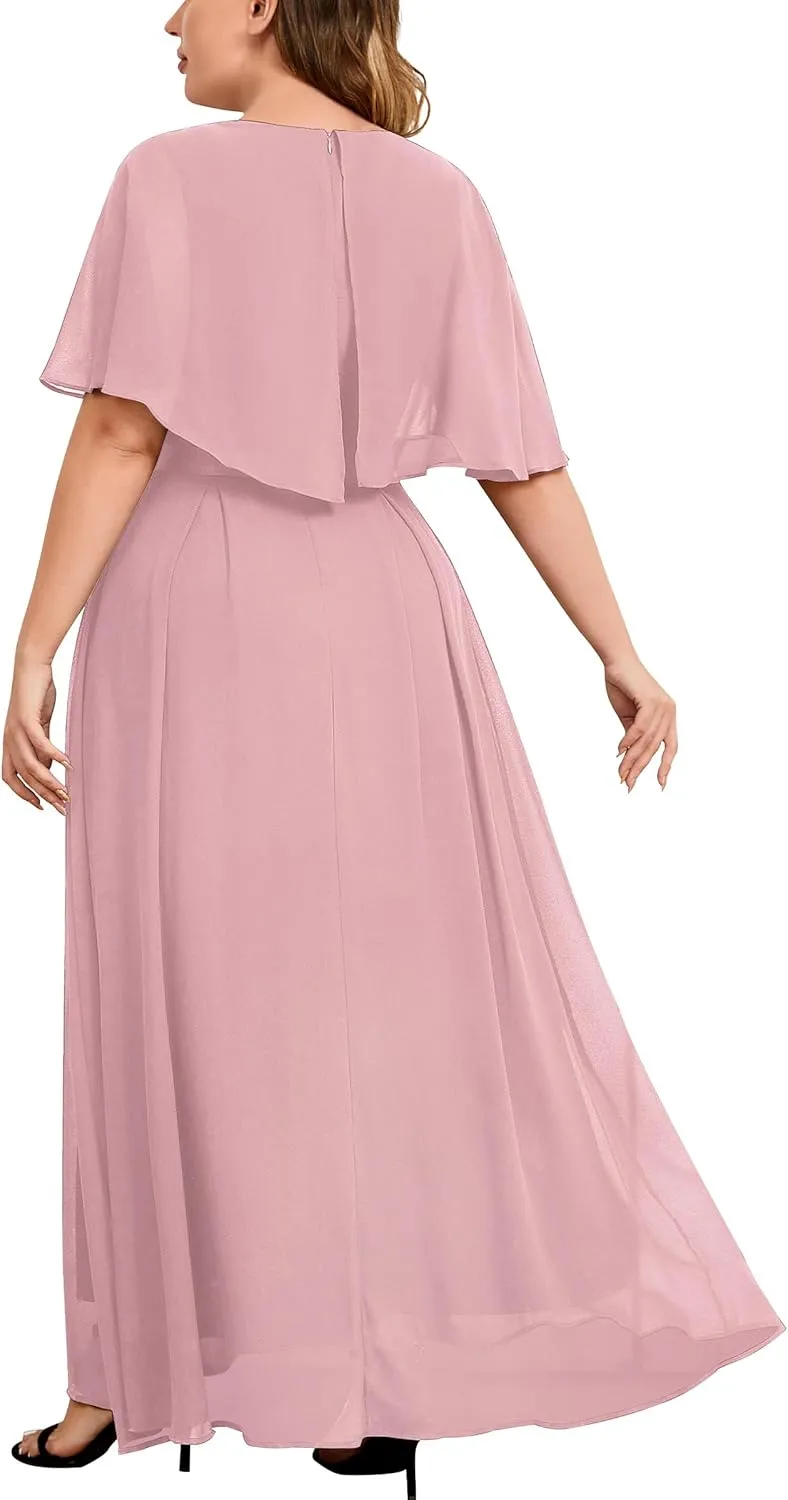 Knitee Women's Plus Size Half Sleeves Cape Dress Lace Chiffon V Neck Evening Party Maxi Dress
