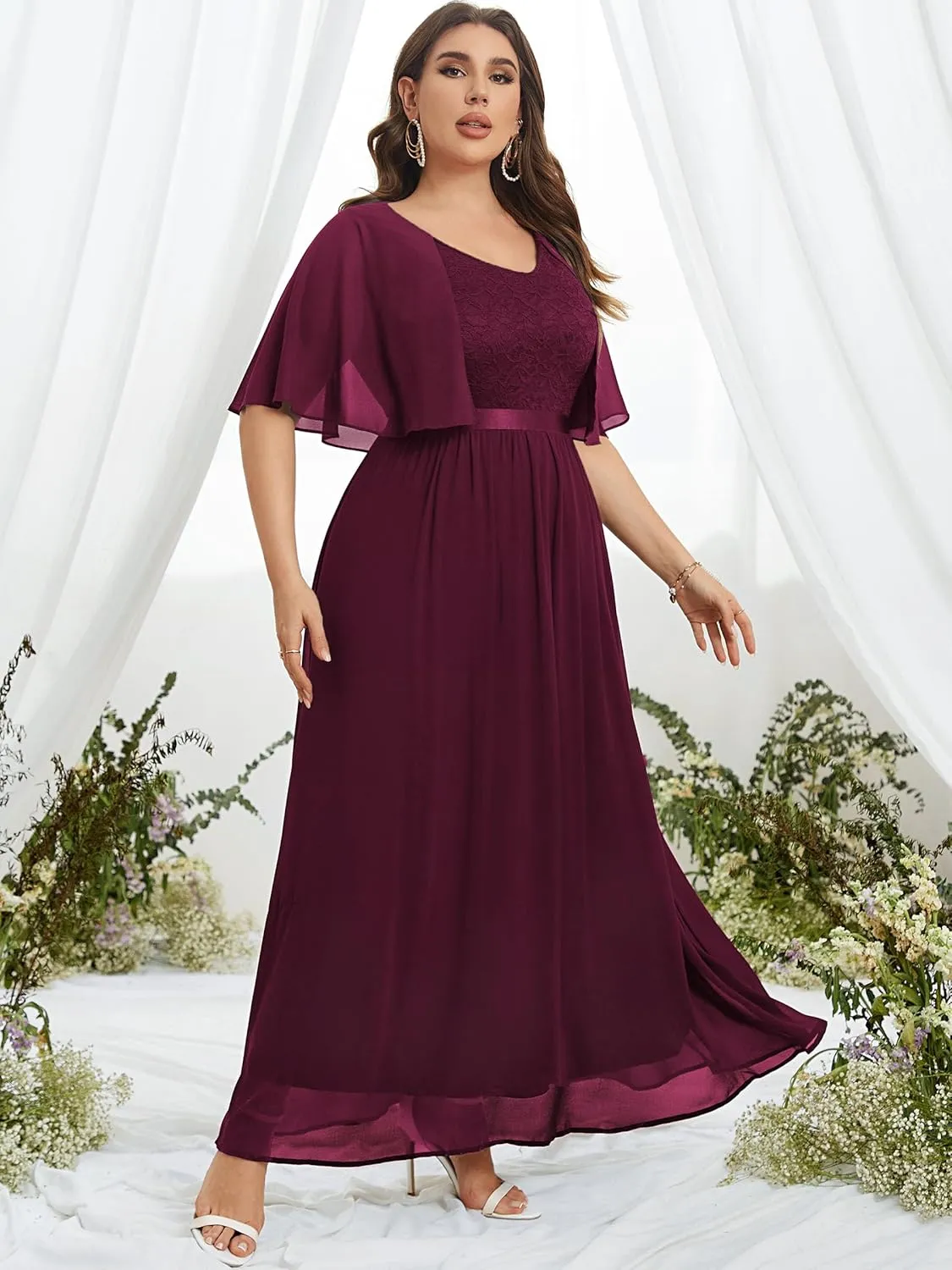 Knitee Women's Plus Size Half Sleeves Cape Dress Lace Chiffon V Neck Evening Party Maxi Dress