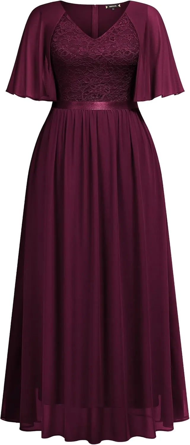 Knitee Women's Plus Size Half Sleeves Cape Dress Lace Chiffon V Neck Evening Party Maxi Dress