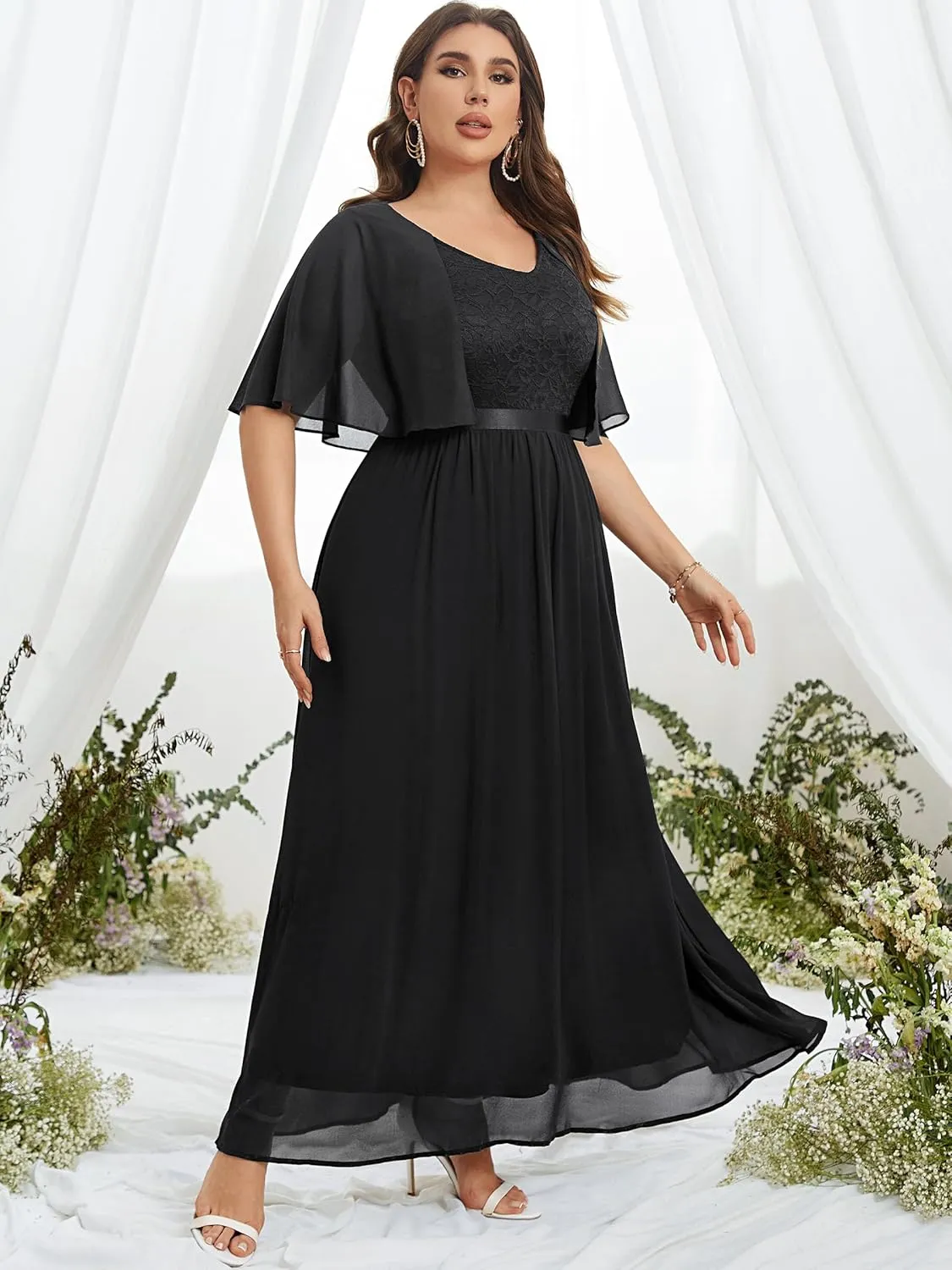 Knitee Women's Plus Size Half Sleeves Cape Dress Lace Chiffon V Neck Evening Party Maxi Dress