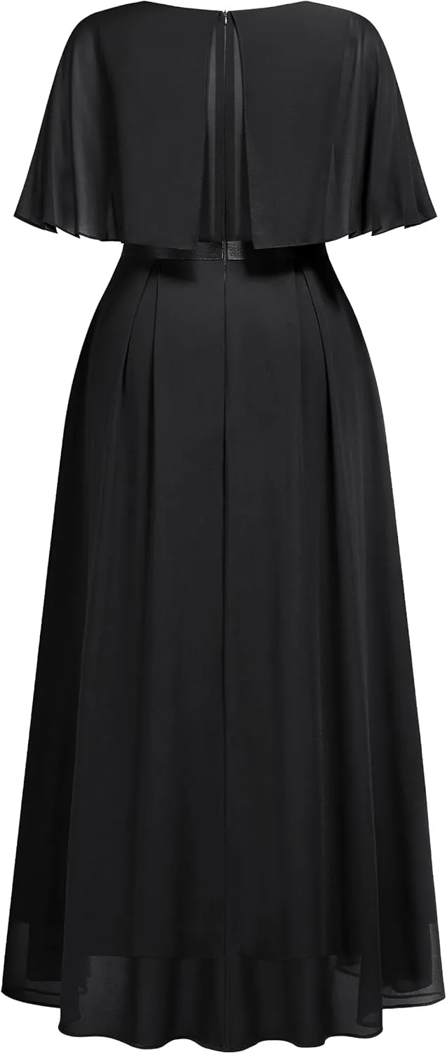 Knitee Women's Plus Size Half Sleeves Cape Dress Lace Chiffon V Neck Evening Party Maxi Dress