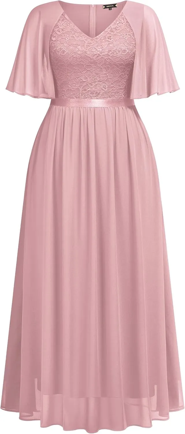 Knitee Women's Plus Size Half Sleeves Cape Dress Lace Chiffon V Neck Evening Party Maxi Dress