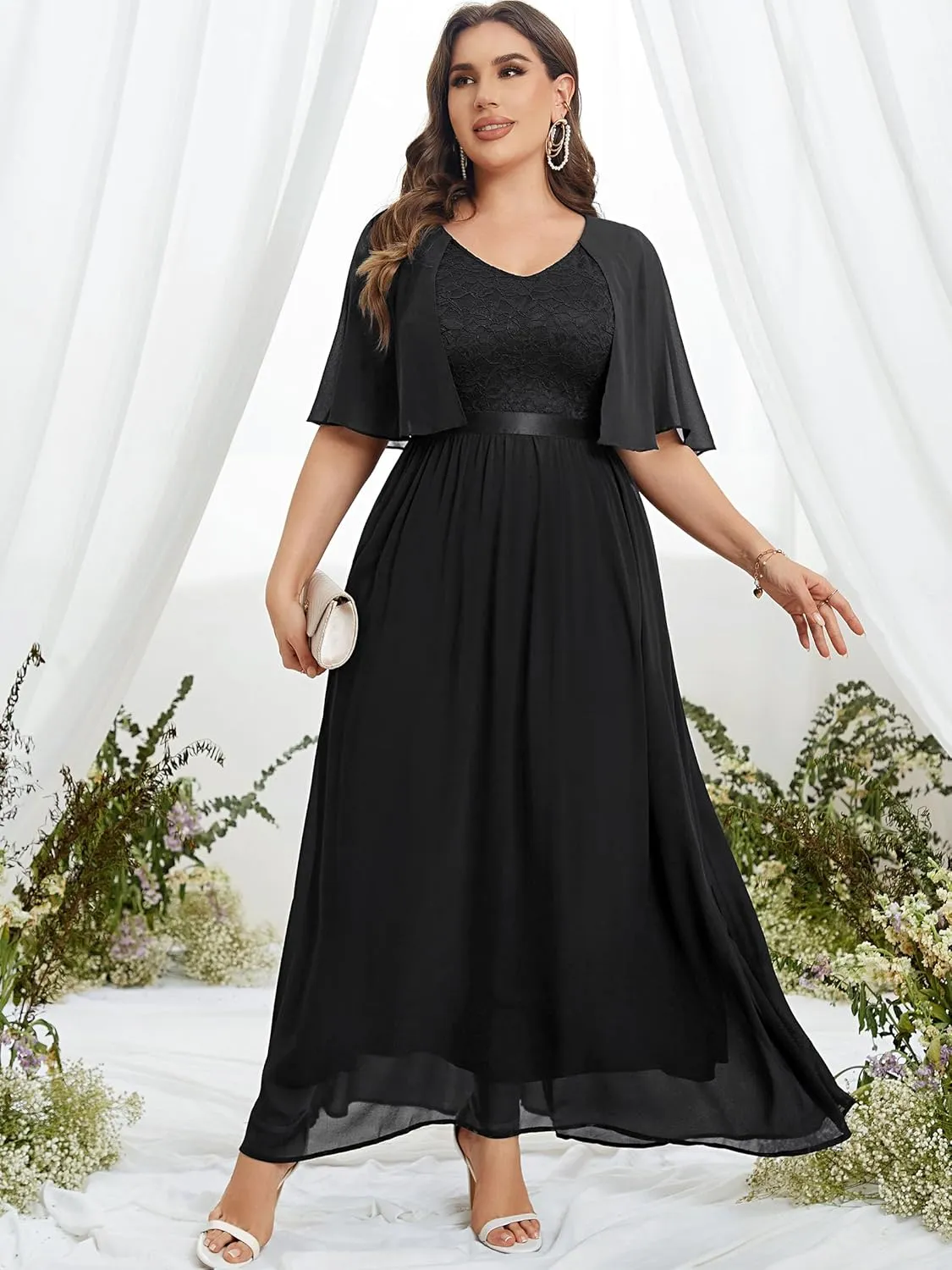 Knitee Women's Plus Size Half Sleeves Cape Dress Lace Chiffon V Neck Evening Party Maxi Dress