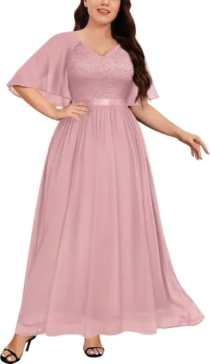 Knitee Women's Plus Size Half Sleeves Cape Dress Lace Chiffon V Neck Evening Party Maxi Dress