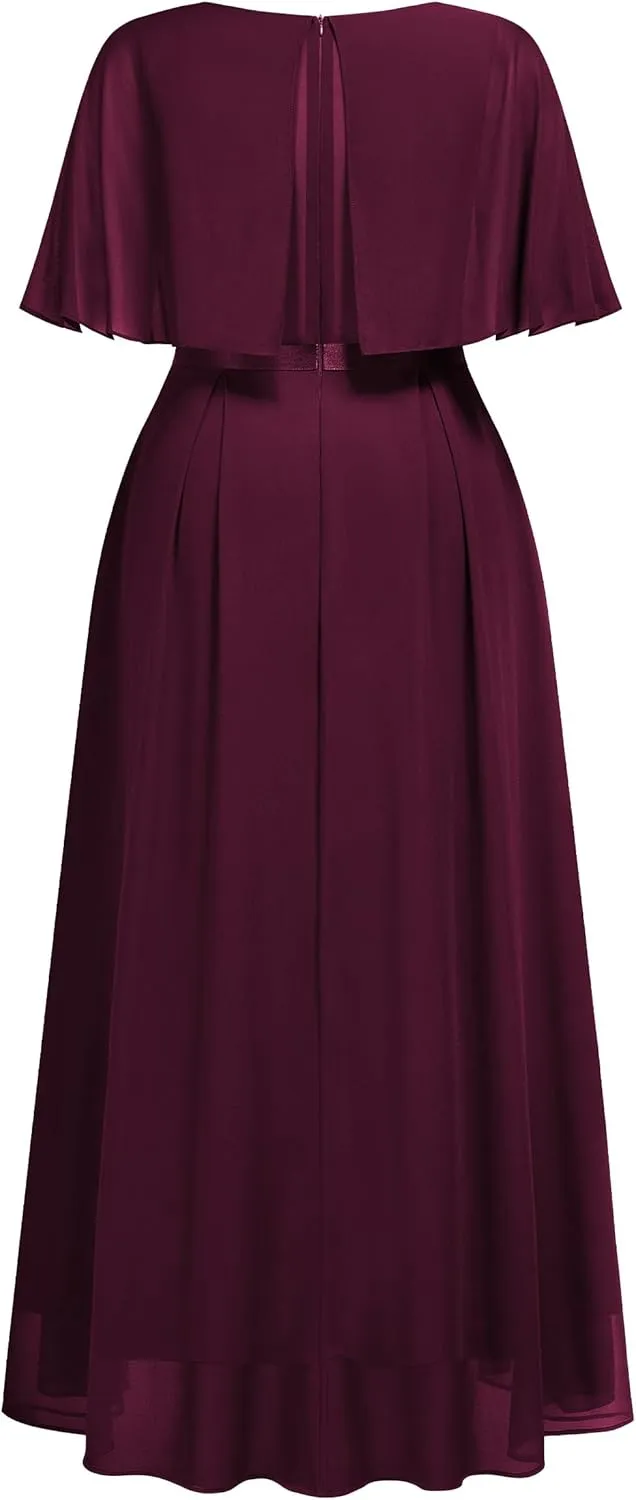 Knitee Women's Plus Size Half Sleeves Cape Dress Lace Chiffon V Neck Evening Party Maxi Dress
