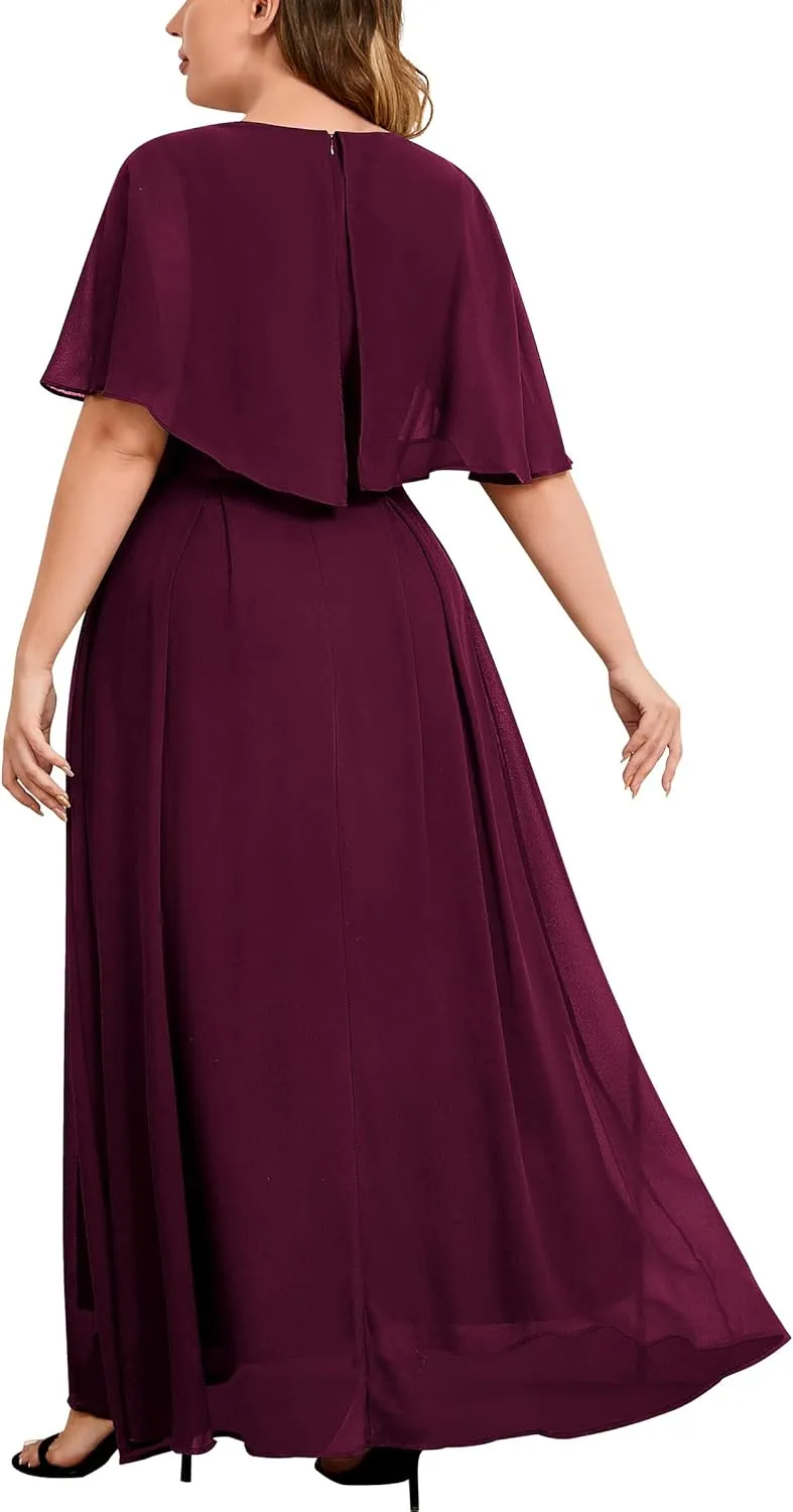 Knitee Women's Plus Size Half Sleeves Cape Dress Lace Chiffon V Neck Evening Party Maxi Dress