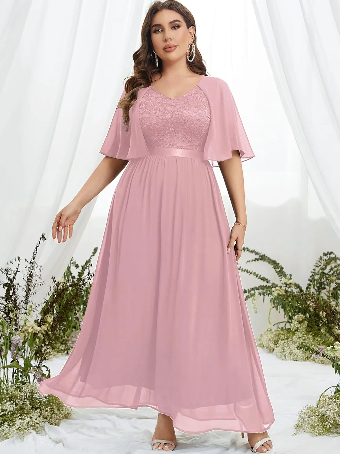 Knitee Women's Plus Size Half Sleeves Cape Dress Lace Chiffon V Neck Evening Party Maxi Dress