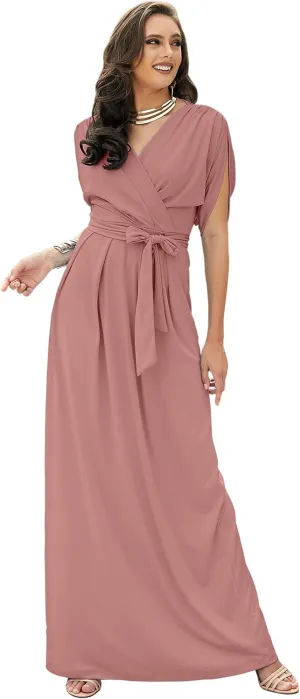 KOH KOH Formal Short Sleeve Cocktail Flowy V-Neck Gown