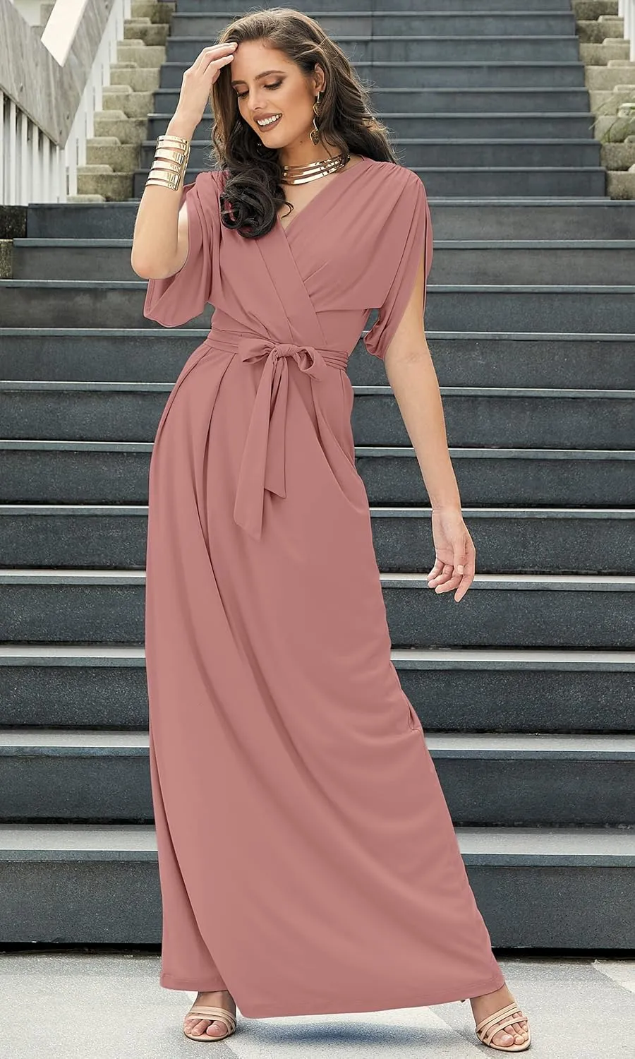 KOH KOH Formal Short Sleeve Cocktail Flowy V-Neck Gown