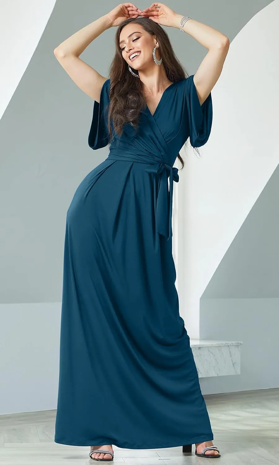 KOH KOH Formal Short Sleeve Cocktail Flowy V-Neck Gown