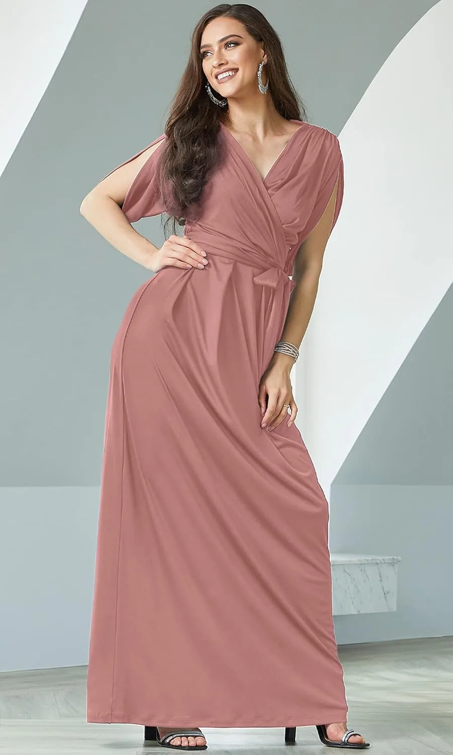 KOH KOH Formal Short Sleeve Cocktail Flowy V-Neck Gown