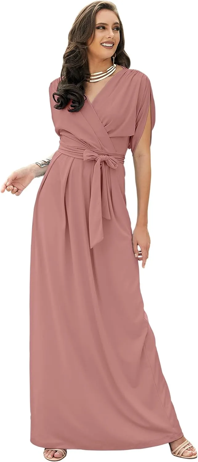 KOH KOH Formal Short Sleeve Cocktail Flowy V-Neck Gown