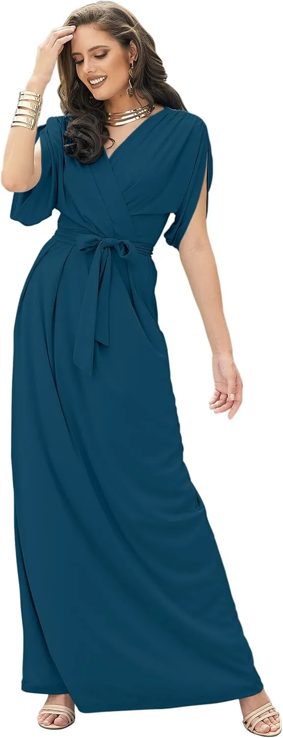 KOH KOH Formal Short Sleeve Cocktail Flowy V-Neck Gown