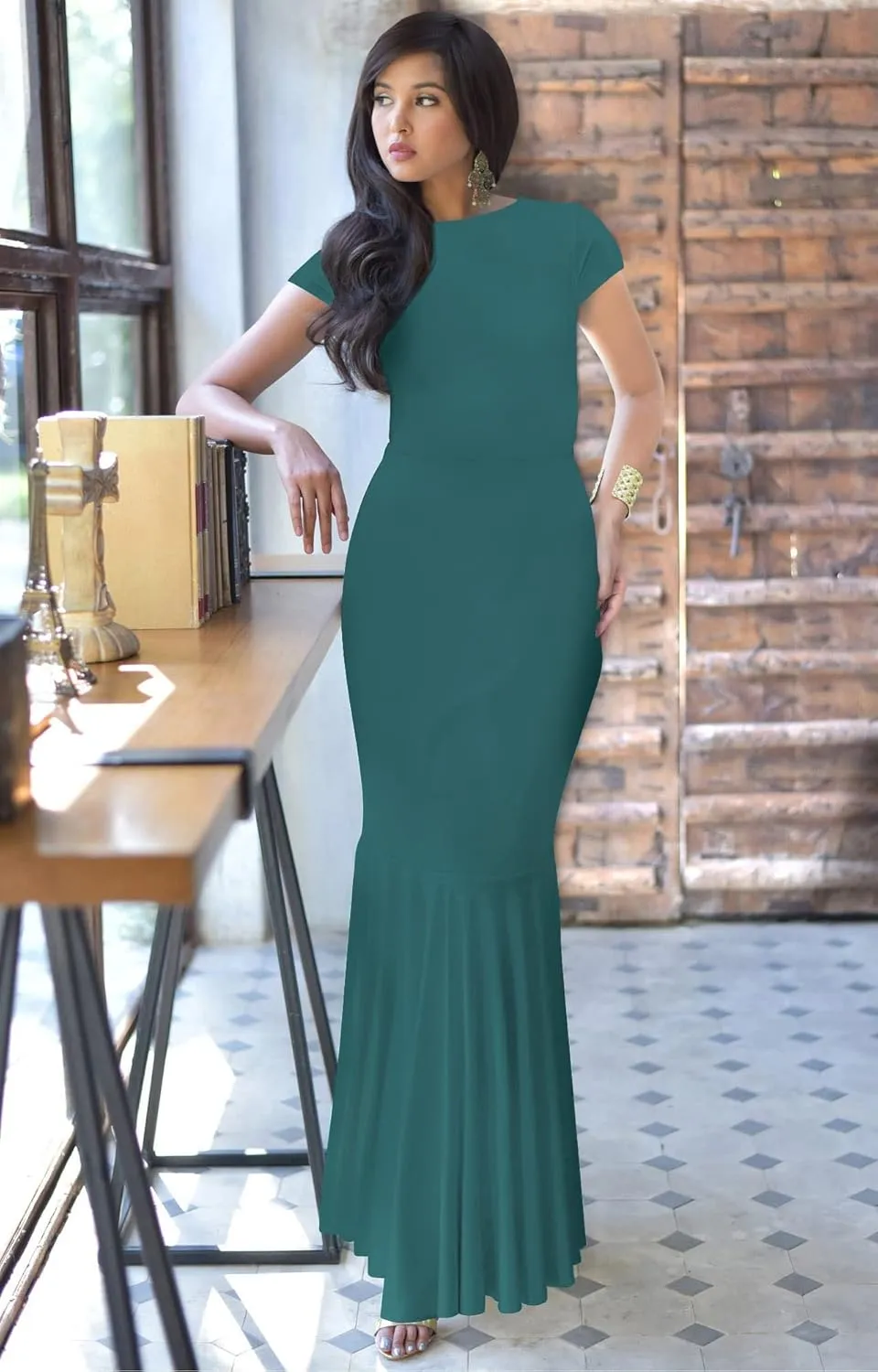 KOH KOH Womens Long Cap Sleeve Elegant Formal Sexy Evening Cocktail Maxi Dress