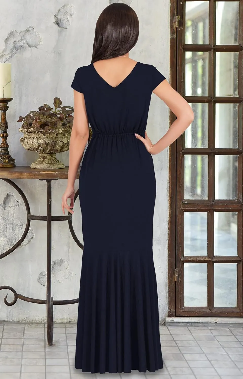 KOH KOH Womens Long Cap Sleeve Elegant Formal Sexy Evening Cocktail Maxi Dress