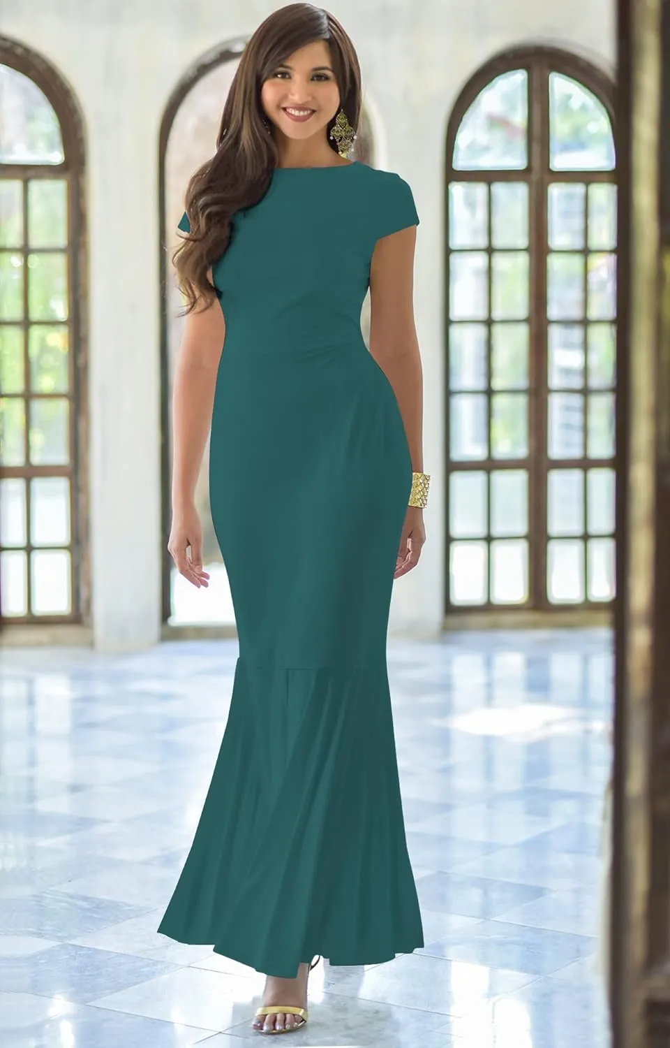 KOH KOH Womens Long Cap Sleeve Elegant Formal Sexy Evening Cocktail Maxi Dress