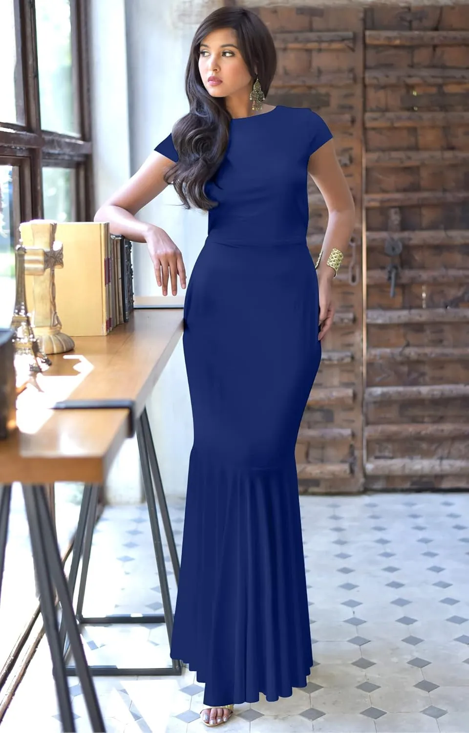 KOH KOH Womens Long Cap Sleeve Elegant Formal Sexy Evening Cocktail Maxi Dress
