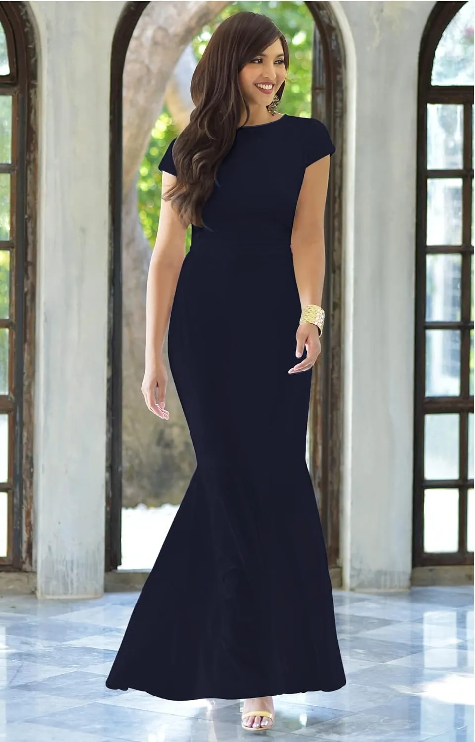 KOH KOH Womens Long Cap Sleeve Elegant Formal Sexy Evening Cocktail Maxi Dress