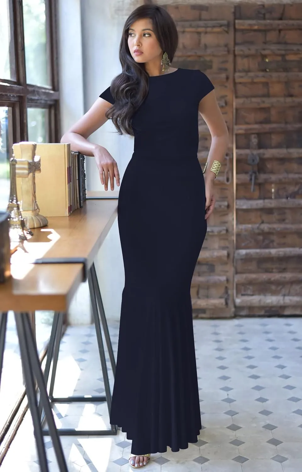 KOH KOH Womens Long Cap Sleeve Elegant Formal Sexy Evening Cocktail Maxi Dress