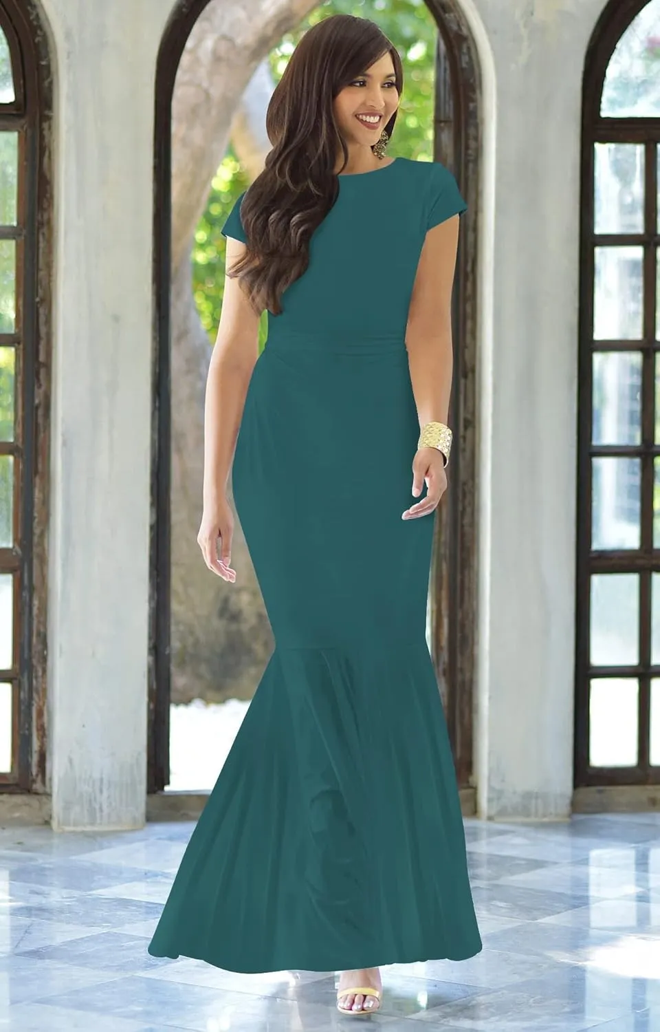 KOH KOH Womens Long Cap Sleeve Elegant Formal Sexy Evening Cocktail Maxi Dress