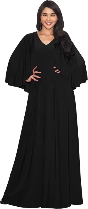 KOH KOH Womens V-Neck Elegant Batwing Cape Sleeves Cocktail Maxi Dress Gown