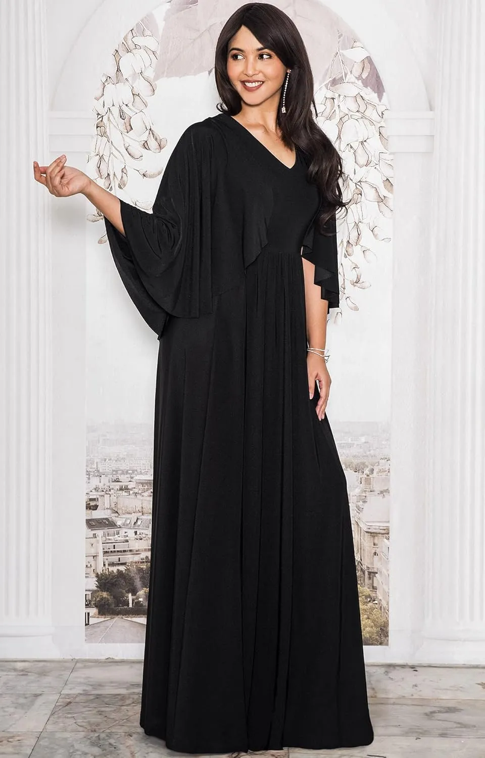 KOH KOH Womens V-Neck Elegant Batwing Cape Sleeves Cocktail Maxi Dress Gown