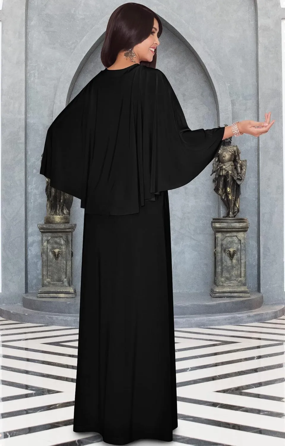 KOH KOH Womens V-Neck Elegant Batwing Cape Sleeves Cocktail Maxi Dress Gown