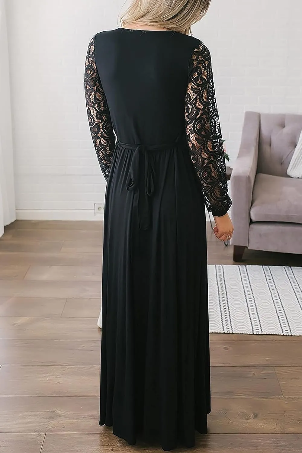 Kranda Womens Vintage Floral Lace Long Sleeve Faux Wrap V Neck Party Long Maxi Dress