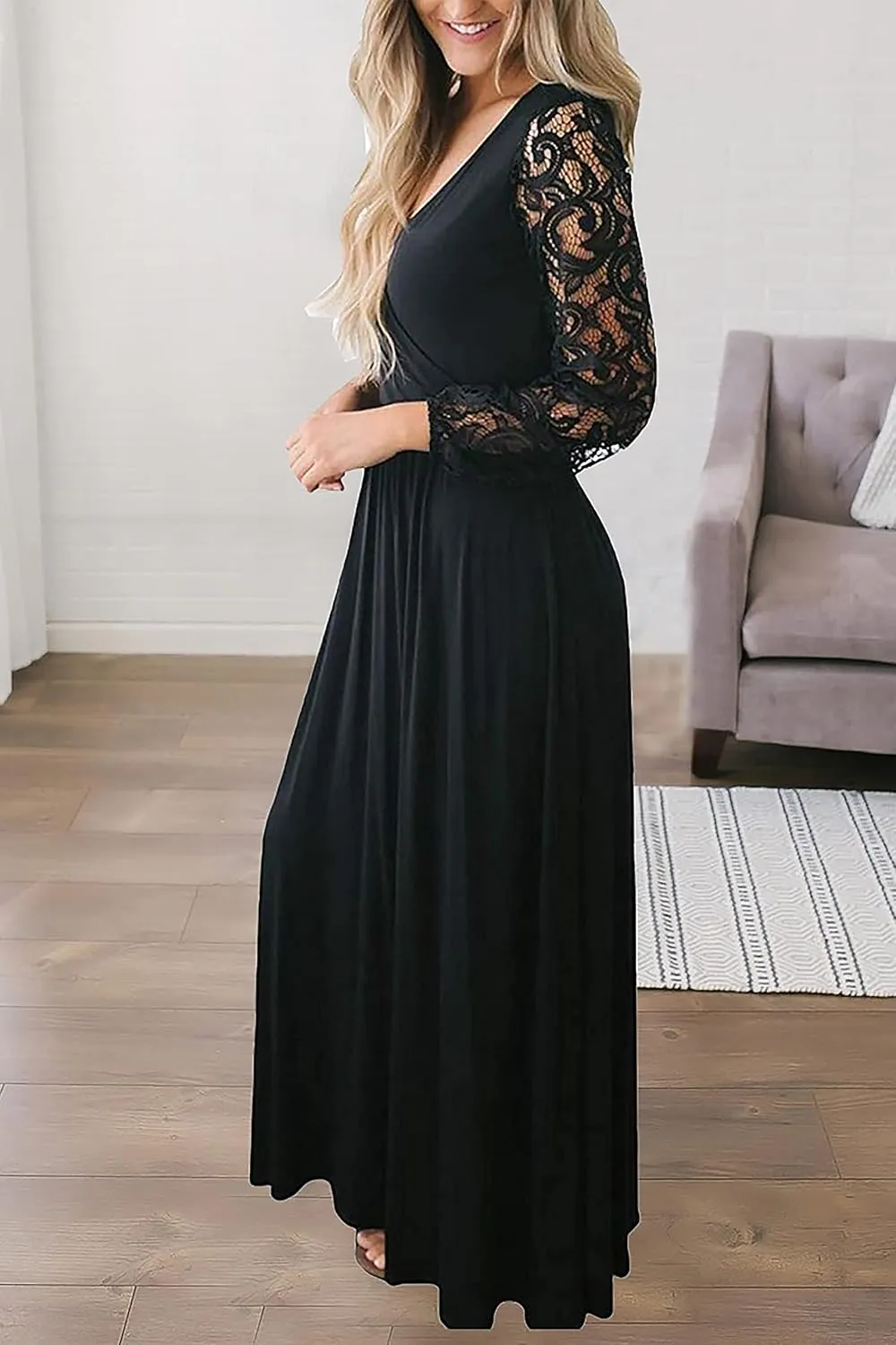 Kranda Womens Vintage Floral Lace Long Sleeve Faux Wrap V Neck Party Long Maxi Dress