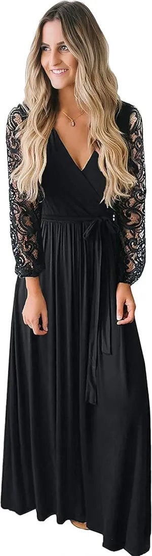 Kranda Womens Vintage Floral Lace Long Sleeve Faux Wrap V Neck Party Long Maxi Dress