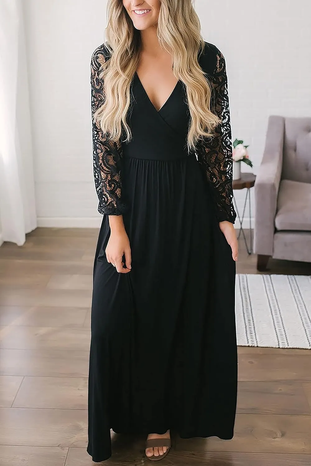 Kranda Womens Vintage Floral Lace Long Sleeve Faux Wrap V Neck Party Long Maxi Dress
