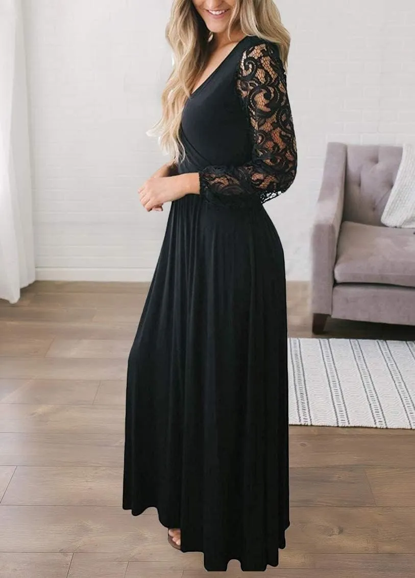 Kranda Womens Vintage Floral Lace Long Sleeve Faux Wrap V Neck Party Long Maxi Dress