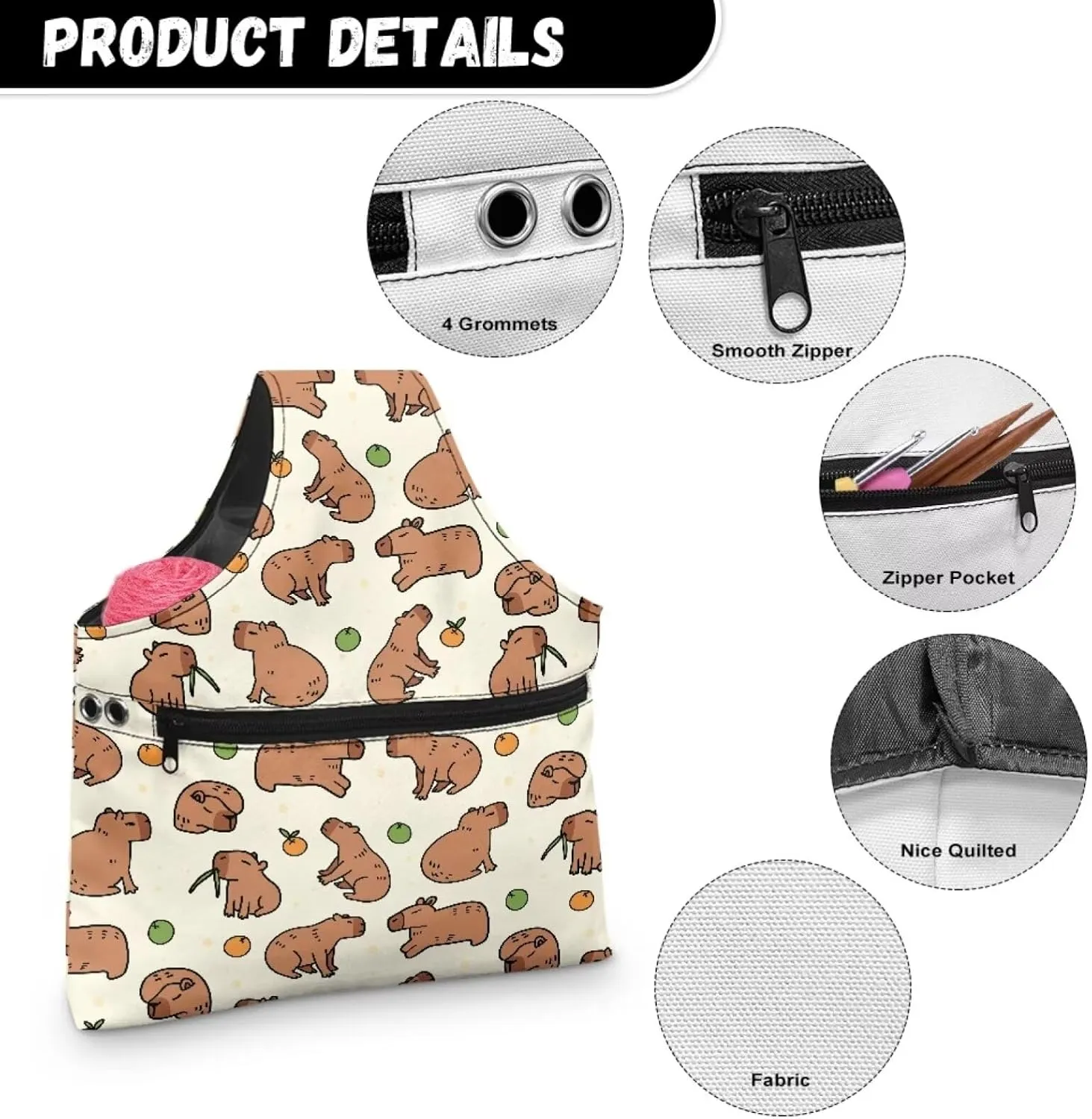 KUIFORTI Yarn Bag Capybara Knitting Bag Crochet Bag, Yarn Storage Bag Organizer Travel Wrist Bag, Yarn Tote Bags for Crocheting on The Go Large Size